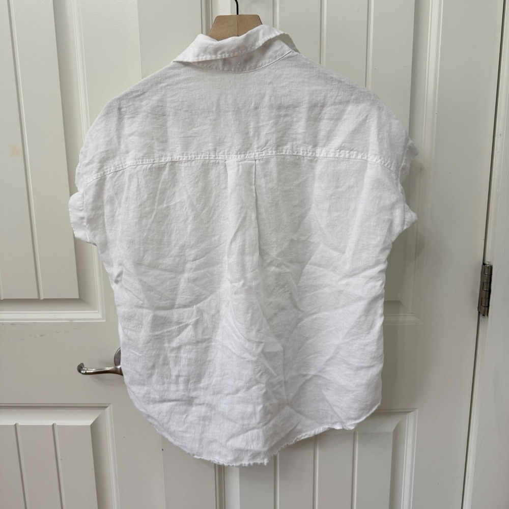 Quince Button Down Shirt XS White 100% Linen Short Sleeve Cuffed Pocket - Picture 2 of 6